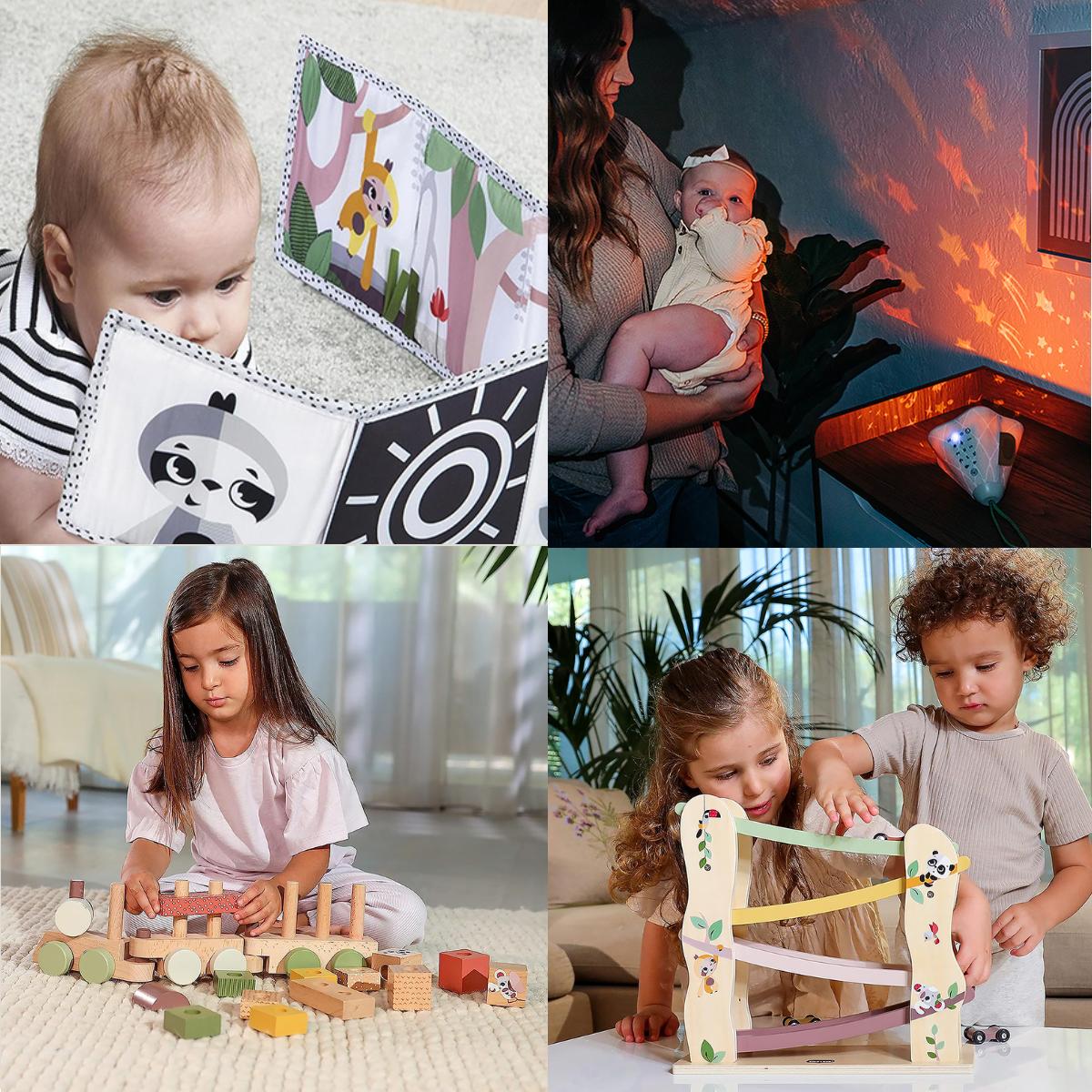Boho Chic Bundle: Tiny Dreamer 3-in-1 Musical Projector, Double-Sided First Book, Wooden Car Ramp, Wooden Stacking Train