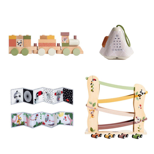 Boho Chic Bundle: Tiny Dreamer 3-in-1 Musical Projector, Double-Sided First Book, Wooden Car Ramp, Wooden Stacking Train