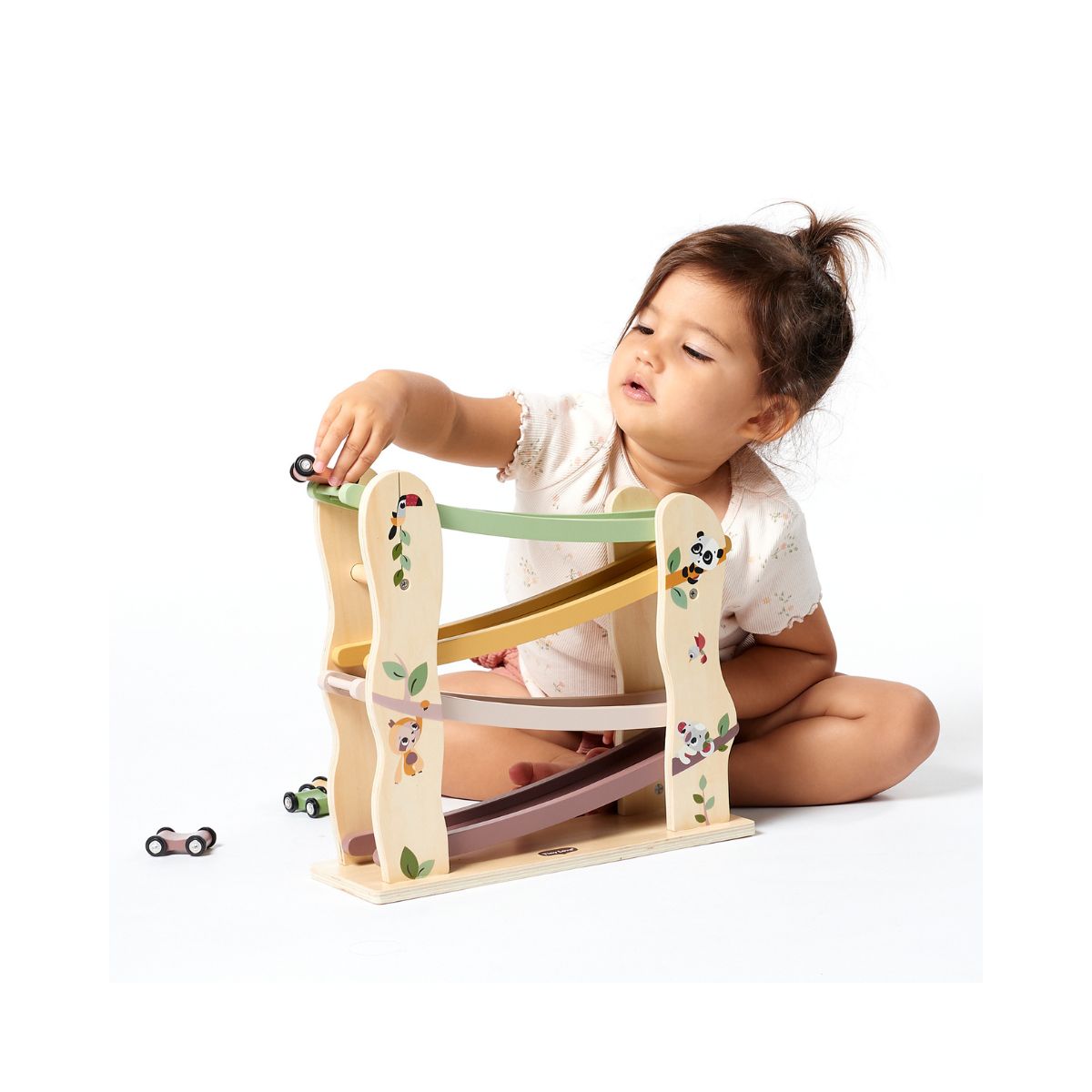 Boho Chic Bundle: Tiny Dreamer 3-in-1 Musical Projector, Double-Sided First Book, Wooden Car Ramp, Wooden Stacking Train