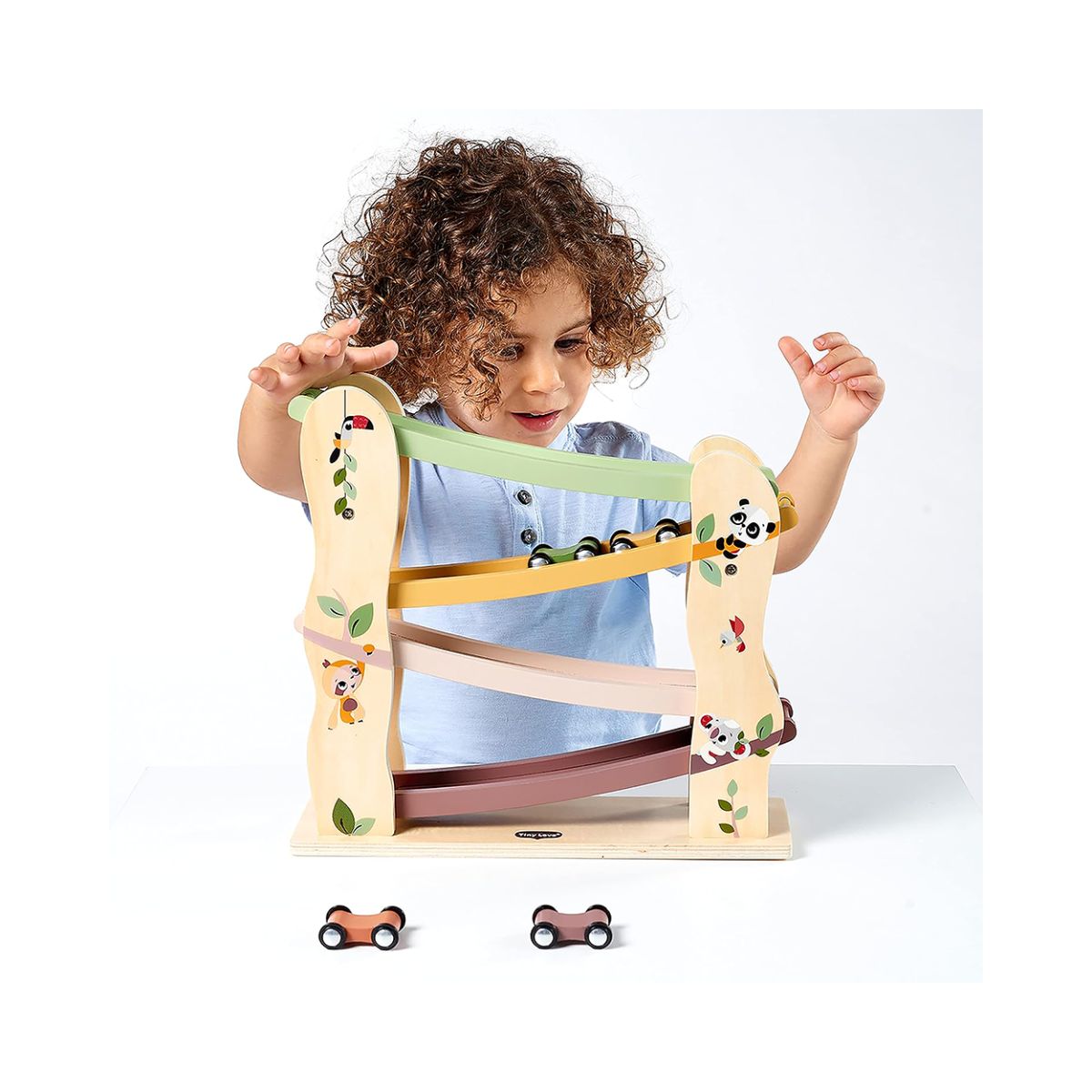 Boho Chic Bundle: Tiny Dreamer 3-in-1 Musical Projector, Double-Sided First Book, Wooden Car Ramp, Wooden Stacking Train