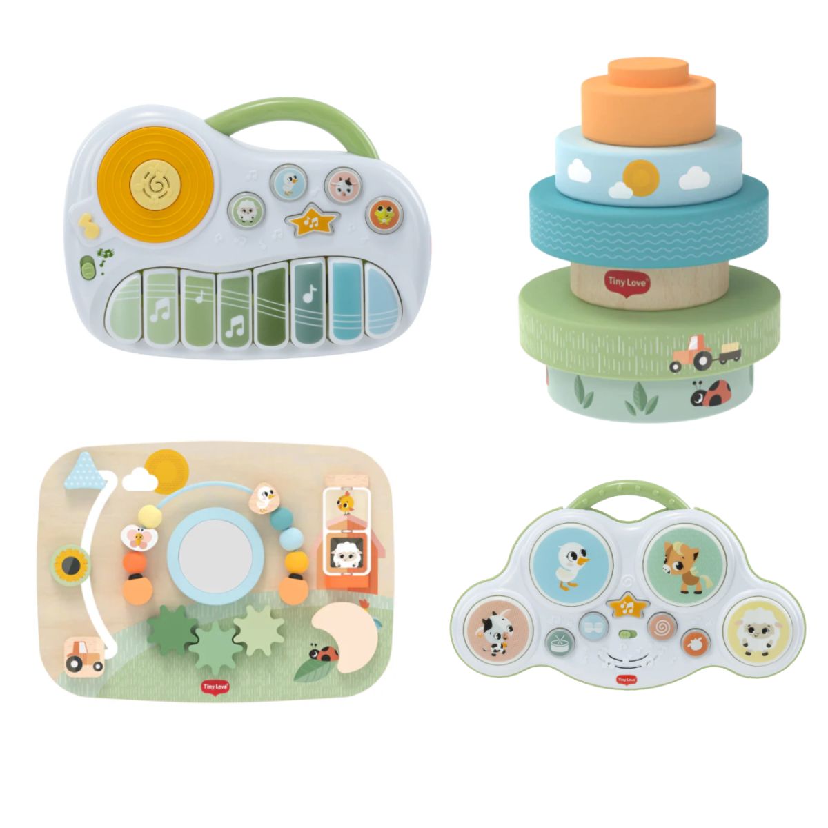 Farmers Funday Bundle: Wooden Busy Board, Wooden Stacking Tower, Play & Explore Piano, Play & Explore Drums