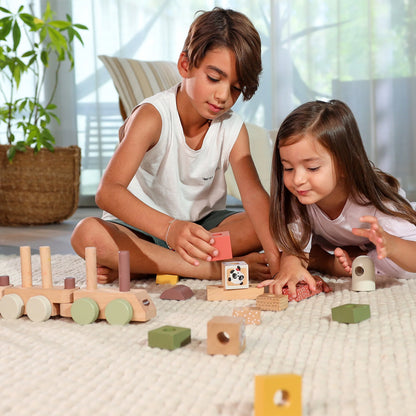 Boho Chic Bundle: Tiny Dreamer 3-in-1 Musical Projector, Double-Sided First Book, Wooden Car Ramp, Wooden Stacking Train